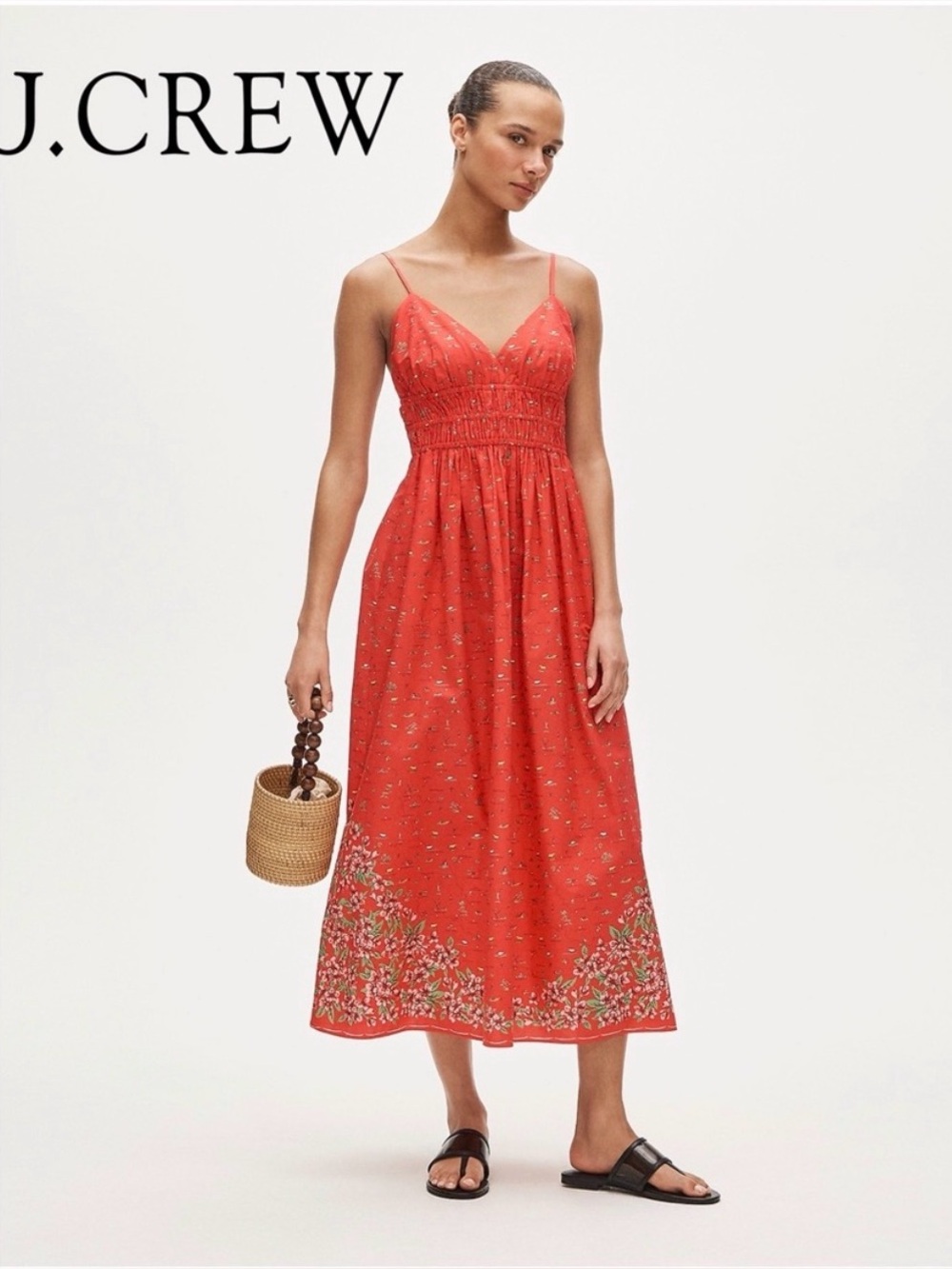 J. Crew Smocked-waist V-neck dress in map print - size 6